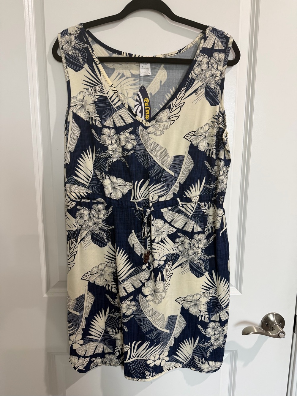 Navy and Cream Tropical-Print Drawstring Mini Dress
